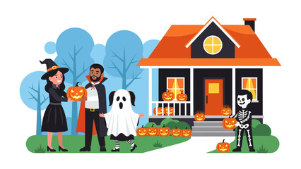Halloween gathering: Charming family dressed in Halloween costumes in front of a decorated house with pumpkins and trees. Celebrate the joy and fun of Halloween with this vector-style artwork.