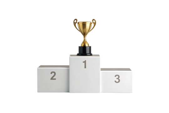 Golden trophy cup with handles on traditional three-step podium displaying first second third place winner positions, isolated on a transparent background