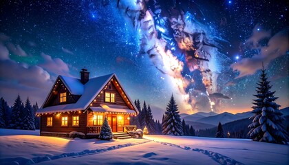 Naklejka premium Cozy snowy cabin, starry night