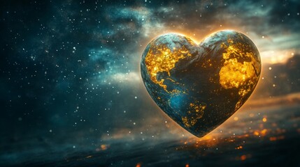 A heart-shaped Earth with city lights against the backdrop of space is suitable for themes of global love, ecology, and caring for the planet.