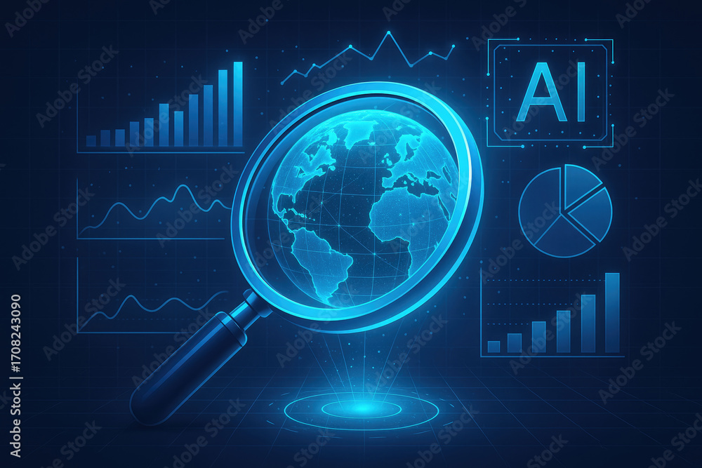 Poster digital globe under a magnifying glass with ai and data analytics graphics in a futuristic blue them