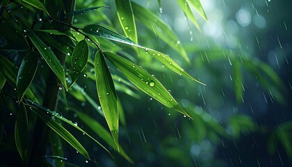DSLR style closeup of bamboo leaves with raindrops, shallow depth of field, dark green background, symbolizing calm, freshness, and nature purity.