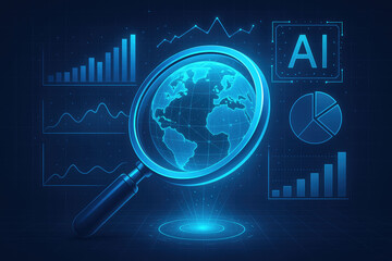 Digital globe under a magnifying glass with AI and data analytics graphics in a futuristic blue theme