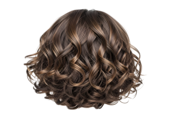 A close-up view of voluminous,  curly brown hair with highlights, showcasing a rich texture and natural beauty.