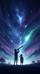 Fototapeta premium Two joyful children celebrate with vibrant, colorful balloons against a clear blue sky, symbolizing happiness, freedom, and the lightness of childhood dreams and aspirations