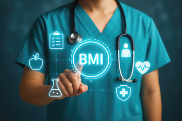 Doctor touching a glowing digital interface displaying BMI and health icons like apple, heart, and clipboard