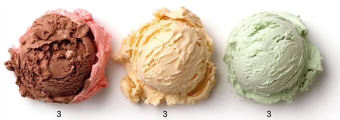 Three scoops of ice cream, in chocolate, vanilla, and mint flavors, displayed on a white background