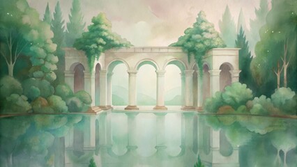 Surreal pixelated landscape with ancient arches reflected in calm water and lush foliage