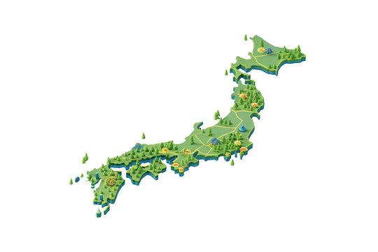 Japan isometric map displaying mountains, forests, cities, and coastal regions, isolated on a transparent background