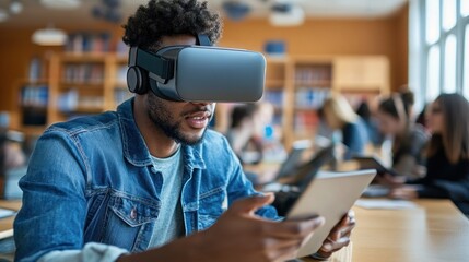 Young man wearing VR headset, using tablet in library setting
