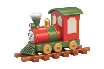 A charming Christmas-themed toy train, meticulously crafted with vibrant colors and festive details, perfect for holiday decor or imaginative play. Isolated on transparent background, cutout