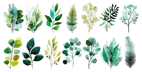 Watercolor botanical illustrations, displaying various greenery