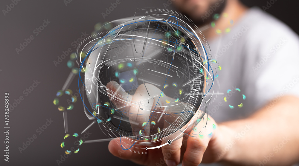 Poster abstract image of a person interacting with a digital holographic globe, representing global network