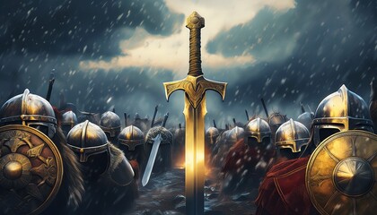 historic viking battlefield golden sword cracked shields dented helmets heavy clouds snowfall medival fight and war