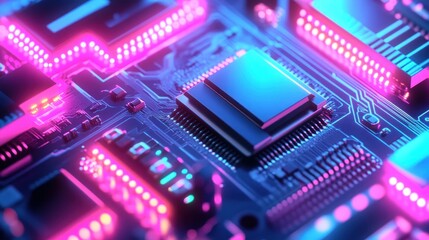 Close-up of a circuit board with a central processor, illuminated by vibrant neon lights