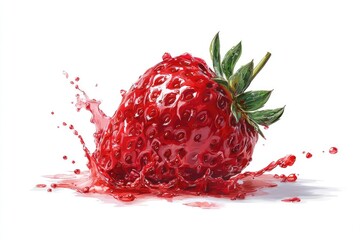 A juicy red strawberry bursts with vibrant splashes of its own juice