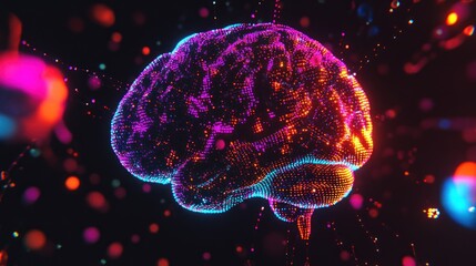 Abstract digital brain, vibrant colors, glowing particles