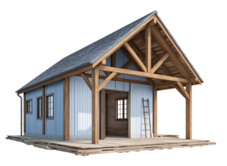 Unfinished Wooden Frame House with Blue Siding building isolated on a transparent background