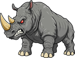 Aggressive rhinoceros, fierce cartoon animal, large sharp horn, hostile expression, muscular wildlife illustration, power and strength concept, CAD drawing flat vector illustration