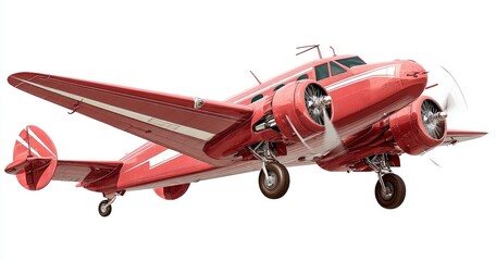 Vintage red airplane in flight against white background