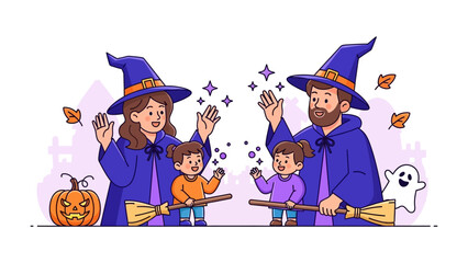 Halloween Magic: A family transforms into witches and wizards, as they're dressed in whimsical witch hats and cloaks, ready for an evening of trick-or-treating. They're casting spells.