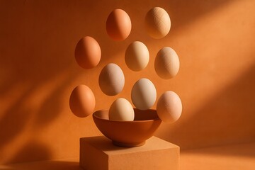 Orange and cream eggs floating above a bowl image