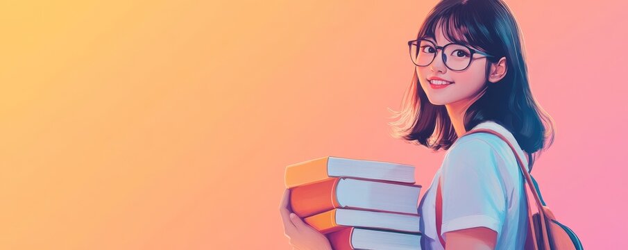 Smiling student holding books in a dreamy background. - Powered by Adobe
