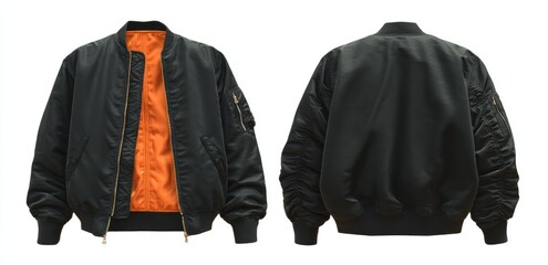 Front and back view of a dark gray bomber jacket with an orange lining