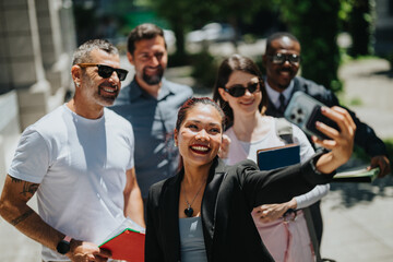 Group of multi ethnic business coworkers capturing a moment together with a smart phone. The setting showcases a bright and sunny outdoor environment, emphasizing diversity and professional