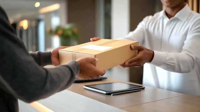 A courier their sneakers scuffed delivers a package to an office reception the desk&rsquo;s wood polished. The package a padded envelope crinkles under their fingers its label crea