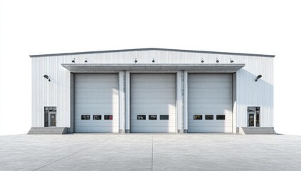 White industrial building with three large garage doors