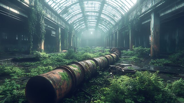 Overgrown abandoned industrial building with postapocalyptic scene, and nature taking over.