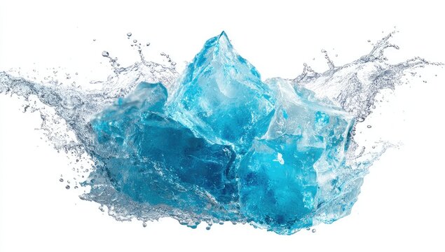 Blue ice cubes exploding in water spray