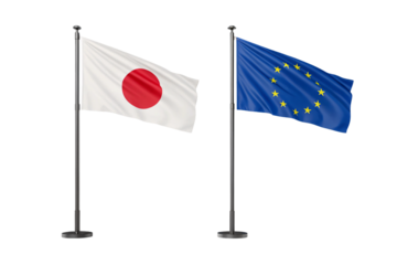 Japanese and EU flags waving together on separate black flagpoles showing international diplomatic partnership relations, isolated on a transparent background