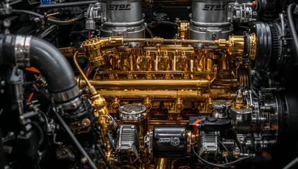 Fototapeta premium Intricate golden car engine reveals engineering marvel