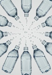 Multiple water bottles in circular pattern. Hydration concepts, fitness and health industry promotions, reusable bottle campaigns, ecofriendly products.