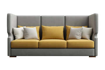 Fototapeta premium Modern gray sofa with yellow and white throw pillows isolated on a transparent background