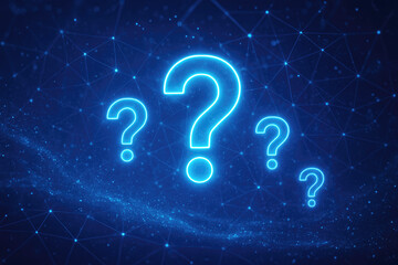 Glowing blue question marks floating in a digital network grid with particles symbol query