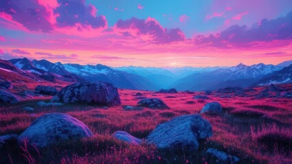 Naklejka premium Vibrant sunset over a mountainous landscape, pink hues dominating the sky and reflecting on the rocks and grass