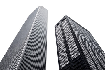 Obraz premium Two contemporary high-rise buildings with different facade patterns captured from low angle perspective, isolated on a transparent background