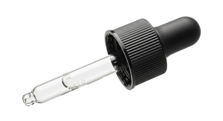 Isolated medicine dropper, glass pipette with black bulb for liquid pharmaceutical product