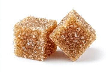 Two light brown sugar cubes, slightly angled, sit close together against a white background.  A rough, granular texture covers the surface of each cube