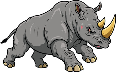 Aggressive rhinoceros in charging pose, large golden horn, fierce wildlife animal illustration, powerful and strong design concept, CAD drawing flat vector illustration