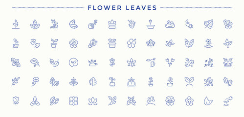 Flower leaves icon set in linear style. Outline symbol collection. Pictogram and infographic. Floral line icon set. Pack of flower garden, nature, bloom, plant, blossom, flora and more.