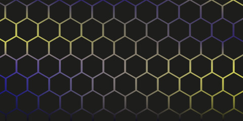 Dark hexagon abstract technology background with blue and green colored bright flashes under hexagon. Hexagonal gaming vector tech illustration black abstract background. EPS 10