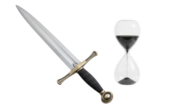 Isolated hourglass and sword show time and death, passing seconds, battle ahead, danger