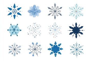 Set of twelve stylized snowflakes in shades of blue on white background.  Each snowflake has unique design elements, including pointed tips, intricate patterns, and textured shading
