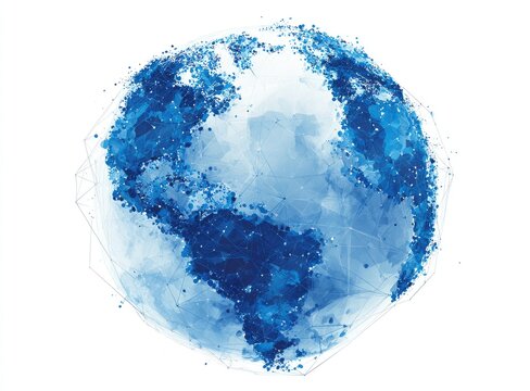 Abstract globe, digitally rendered, in shades of blue, with a network or grid effect, centered on the Americas