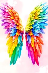 Abstract angel wings artwork with colorful feathers in pink, blue, purple and gold on dreamy pastel sky