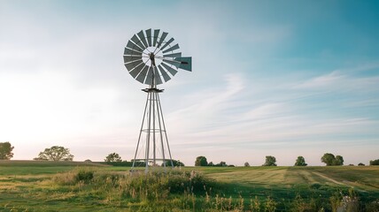 White Windmill in Green Field with Flowers